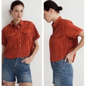 Madewell Crinkled Utility Button-Up Shirt XXS Stained Mahogany Burgundy NWT
